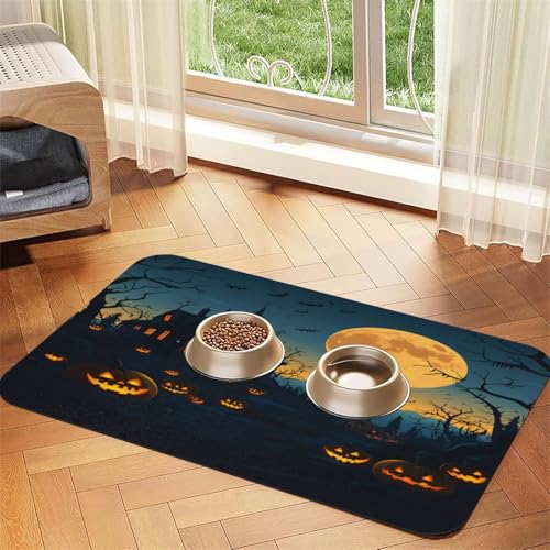 Halloween-Spukhaus-Haustierfuttermatte, 43,7 x 30 cm, saugfähig, rutschfest, PU-Leder, Futtermatte für Hunde und Katzen, Gummiunterseite, schnell trocknend, rollbar, Haustiernapf, Tischset Halloween-Spukhaus-Haustierfuttermatte, 43,7 x 30 cm, saugfähig, rutschfest, PU-Leder, Futtermatte für Hunde und Katzen, Gummiunterseite, schnell trocknend, rollbar, Haustiernapf, Tischset von WDXQHY