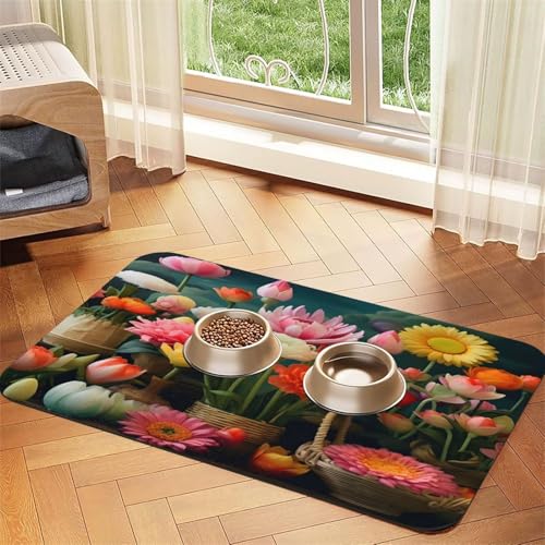 Haustierfuttermatte mit Blumen in einem Korb, 43,7 x 30 cm, saugfähig, rutschfest, PU-Leder, Futtermatte für Hunde und Katzen, Gummiunterseite, schnell trocknend, rollbar, Tischset Haustierfuttermatte mit Blumen in einem Korb, 43,7 x 30 cm, saugfähig, rutschfest, PU-Leder, Futtermatte für Hunde und Katzen, Gummiunterseite, schnell trocknend, rollbar, Tischset von WDXQHY