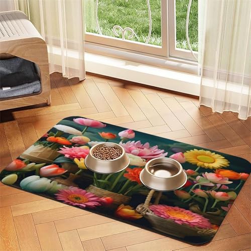 Haustierfuttermatte mit Blumen in einem Korb, 60 x 40 cm, saugfähig, rutschfest, PU-Leder, Futtermatte für Hunde und Katzen, Gummiunterseite, schnell trocknend, rollbar, Tischset Haustierfuttermatte mit Blumen in einem Korb, 60 x 40 cm, saugfähig, rutschfest, PU-Leder, Futtermatte für Hunde und Katzen, Gummiunterseite, schnell trocknend, rollbar, Tischset von WDXQHY