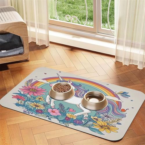 Haustierfuttermatte mit Cartoon-Regenbogen-Einhorn, 43,7 x 30 cm, saugfähig, rutschfest, PU-Leder, Futtermatte für Hunde und Katzen, Gummiunterseite, schnell trocknend, rollbar Haustierfuttermatte mit Cartoon-Regenbogen-Einhorn, 43,7 x 30 cm, saugfähig, rutschfest, PU-Leder, Futtermatte für Hunde und Katzen, Gummiunterseite, schnell trocknend, rollbar von WDXQHY