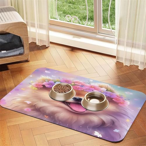Haustierfuttermatte mit Zwergspitz- und Blumenmotiv, 60 x 40 cm, saugfähig, rutschfest, PU-Leder, Futtermatte für Hunde und Katzen, Gummiunterseite, schnell trocknend, rollbar, Tischset Haustierfuttermatte mit Zwergspitz- und Blumenmotiv, 60 x 40 cm, saugfähig, rutschfest, PU-Leder, Futtermatte für Hunde und Katzen, Gummiunterseite, schnell trocknend, rollbar, Tischset von WDXQHY