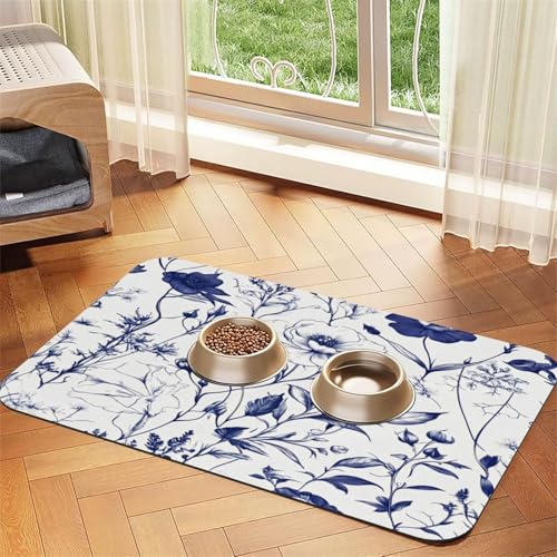 Haustierfuttermatte mit blauem Blumenmuster, 43,7 x 30 cm, aus PU-Leder, saugfähig, rutschfest, mit Gummiboden, schnell trocknend Haustierfuttermatte mit blauem Blumenmuster, 43,7 x 30 cm, aus PU-Leder, saugfähig, rutschfest, mit Gummiboden, schnell trocknend von WDXQHY