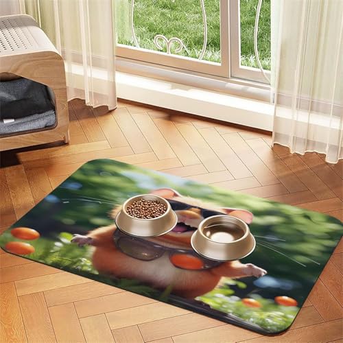 Haustierfuttermatte mit niedlichem Hamster in Sonnenbrille, 60 x 40 cm, saugfähig, rutschfest, PU-Leder, Futtermatte für Hunde und Katzen, Gummiunterseite, schnell trocknend, rollbares Haustierfuttermatte mit niedlichem Hamster in Sonnenbrille, 60 x 40 cm, saugfähig, rutschfest, PU-Leder, Futtermatte für Hunde und Katzen, Gummiunterseite, schnell trocknend, rollbares von WDXQHY