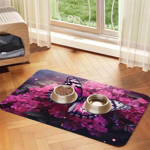 Haustierfuttermatte mit rosa Blumen, violetter Schmetterling, 60 x 40 cm, saugfähig, rutschfest, PU-Leder, Futtermatte für Hunde und Katzen, Gummiunterseite, schnell trocknend, rollbar, Tischset Haustierfuttermatte mit rosa Blumen, violetter Schmetterling, 60 x 40 cm, saugfähig, rutschfest, PU-Leder, Futtermatte für Hunde und Katzen, Gummiunterseite, schnell trocknend, rollbar, Tischset von WDXQHY