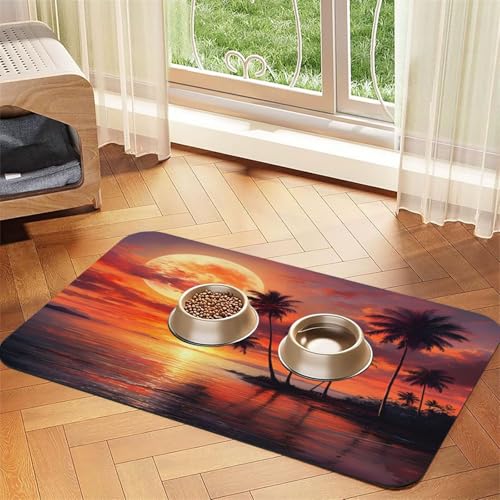 Haustierfuttermatte mit tropischem Sonnenuntergang und Strand, saugfähig, rutschfest, PU-Leder, für Hunde und Katzen, Gummiunterseite, schnell trocknend, rollbar, 60 x 40 cm Haustierfuttermatte mit tropischem Sonnenuntergang und Strand, saugfähig, rutschfest, PU-Leder, für Hunde und Katzen, Gummiunterseite, schnell trocknend, rollbar, 60 x 40 cm von WDXQHY