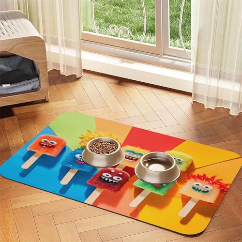 Ice Cream Monster Haustierfuttermatte, 60 x 40 cm, saugfähig, rutschfest, PU-Leder, Futtermatte für Hunde und Katzen, Gummi-Unterseite, schnell trocknend, rollbar, Haustiernapf, Platzset von WDXQHY