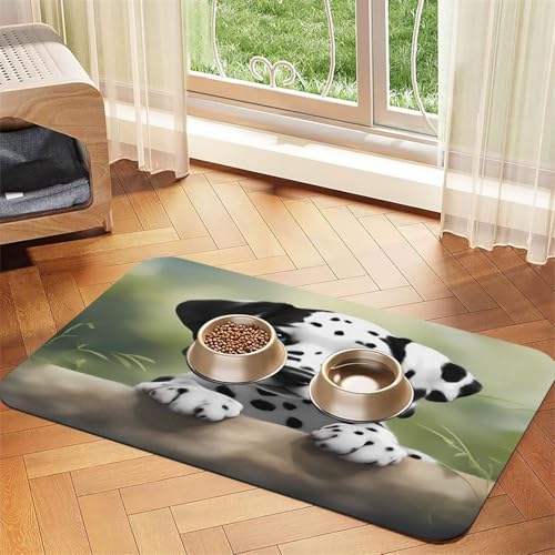 Niedliche Dalmatiner-Haustierfuttermatte, 60 x 40 cm, saugfähig, rutschfest, PU-Leder, Futtermatte für Hunde und Katzen, Gummiunterseite, schnell trocknend, rollbar, Haustiernapf, Platzset von WDXQHY