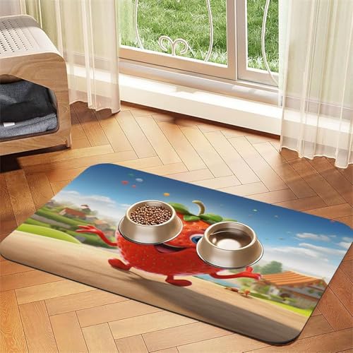 Niedliche Erdbeer-Haustier-Futtermatte, 43,7 x 30 cm, saugfähig, rutschfest, PU-Leder, Futtermatte für Hunde und Katzen, Gummi-Unterseite, schnell trocknend, rollbar, Haustiernapf-Platzdeckchen von WDXQHY
