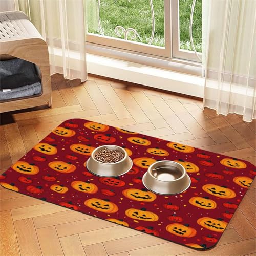 Niedliche Kürbis-Haustierfuttermatte, 43,7 x 30 cm, saugfähig, rutschfest, PU-Leder, Futtermatte für Hunde und Katzen, Gummiunterseite, schnell trocknend, rollbar, Haustiernapf-Platzdeckchen von WDXQHY