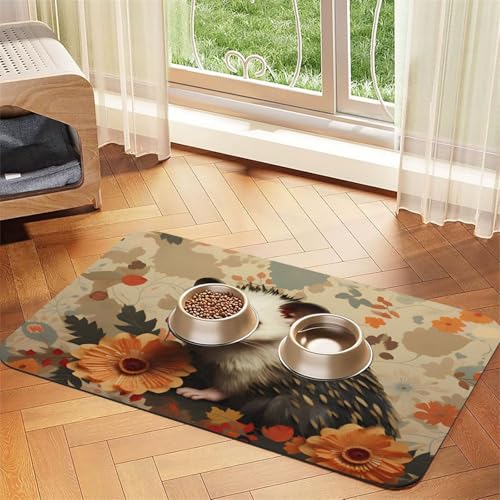 Opossum Haustierfuttermatte mit Muster, 43,7 x 30 cm, saugfähig, rutschfest, PU-Leder, Futtermatte für Hunde und Katzen, Gummiunterseite, schnell trocknend, rollbar, Tischset von WDXQHY