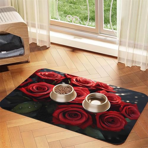 Red Roses Futtermatte für Haustiere, 43,7 x 30 cm, saugfähig und rutschfest, Kunstleder, mit Gummi-Unterseite, schnell trocknend von WDXQHY