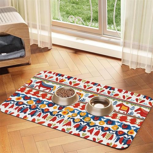 Runner schwedische Dala-Pferde-Futtermatte, 60 x 40 cm, saugfähig, rutschfest, PU-Leder, Futtermatte für Hunde und Katzen, Gummiunterseite, schnell trocknend, rollbar, Haustiernapf, Tischset von WDXQHY