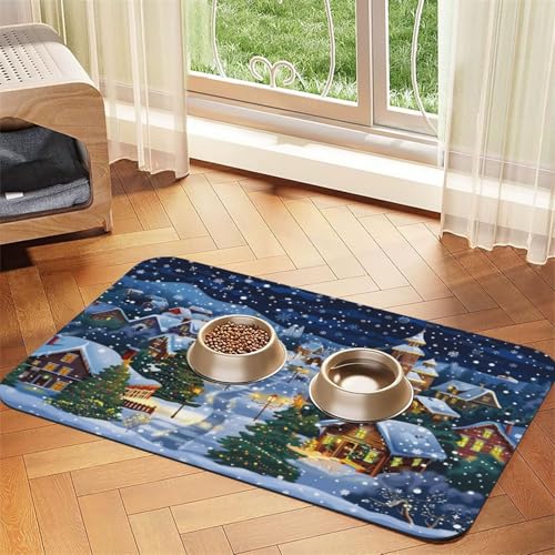 Village in The Snow Haustierfuttermatte, 43,7 x 30 cm, saugfähig, rutschfest, PU-Leder, Futtermatte für Hunde und Katzen, Gummiunterseite, schnell trocknend, rollbar, Tischset von WDXQHY