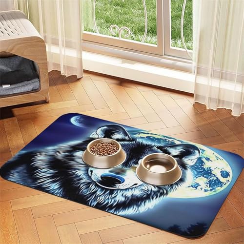 Wolf Under Moon Haustierfuttermatte, 60 x 40 cm, saugfähig, rutschfest, PU-Leder, Futtermatte für Hunde und Katzen, Gummiunterseite, schnell trocknend, rollbar, Haustiernapf, Tischset Wolf Under Moon Haustierfuttermatte, 60 x 40 cm, saugfähig, rutschfest, PU-Leder, Futtermatte für Hunde und Katzen, Gummiunterseite, schnell trocknend, rollbar, Haustiernapf, Tischset von WDXQHY
