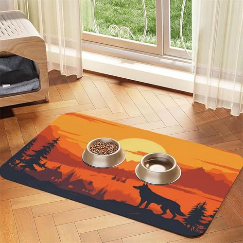 Wolf im Wald Haustierfuttermatte, 60 x 40 cm, saugfähig, rutschfest, PU-Leder, Futtermatte für Hunde und Katzen, Gummiunterseite, schnell trocknend, rollbar, Tischset von WDXQHY