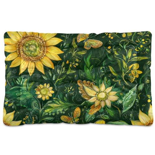 WDdZzyy Hundebett, waschbar, weich, bequem, rutschfeste Unterseite, für große, mittelgroße und kleine Hunde, 91,4 x 61 cm, Sonnenblumen-Grün von WDdZzyy