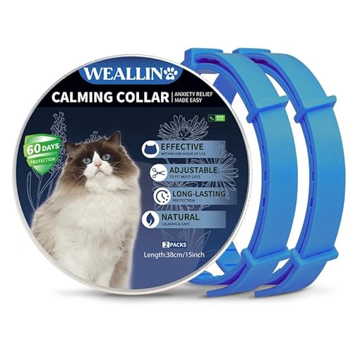 WEALLIN Katze Beruhigende Halsband, Anti-Angst-Pheromon Beruhigende Halsband Für Katzen, Sichere Und Wirksam, Einstellbare & Wasserdicht Beruhigende Katze Halsband(2er-Pack), Blau von WEALLIN