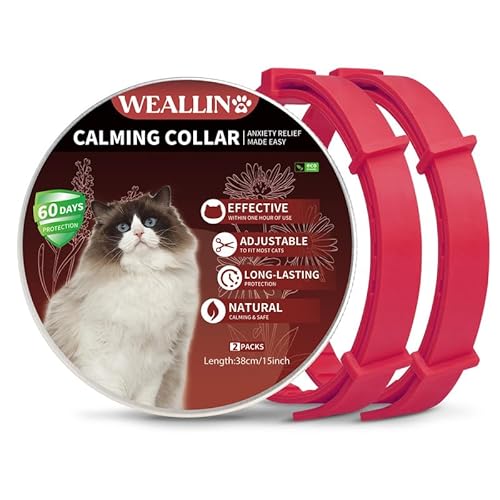 WEALLIN Katze Beruhigende Halsband, Anti-Angst-Pheromon Beruhigende Halsband Für Katzen, Sichere Und Wirksam, Einstellbare & Wasserdicht Beruhigende Katze Halsband(2er-Pack), Rot von WEALLIN