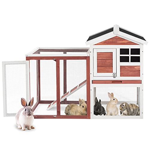 WEALTHGIRL Rabbit Bunny Hutch Käfighaus Meerschweinchen Hutch Verstecken/Laufen mit Linoleumdach 2-Tier (Braun) von WEALTHGIRL