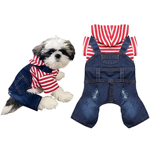 WEARTER Haustier-Hunde-Outfits, rot gestreifter stylischer Denim-Jumpsuits für Hunde, Jeansjacke, Welpen, Hundemantel für kleine, mittelgroße Hunde und Katzen von WEARTER