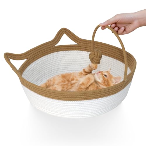 WEAVELYRICS Baumwollseil Gewebtes Katzenbett, Haustierschlafbett mit einem Spielseilball, faltbarer Schlafkorb für Katzen, Welpen, Kaninchen und kleine Haustiere (groß, Braun & Beige) von WEAVELYRICS