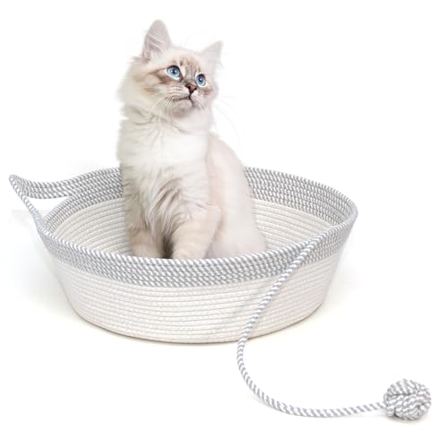 WEAVELYRICS Katzenbettkorb aus Baumwollseil, handgewebt mit Spielzeugschwanz, Schlafbett für kleine Hunde und Welpen, Katzen- und Kaninchenkorb (groß, Grau und Weiß) von WEAVELYRICS
