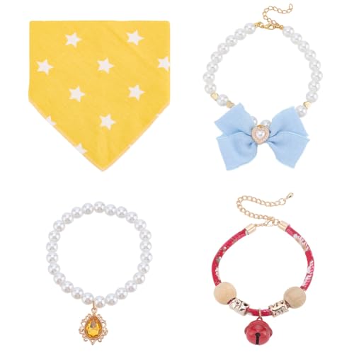 WEBEEDY Halsband für Kätzchen und Welpen, 4 Stile, Kombination aus kleinem Haustier, Schmuckhalsband, Naturholz, Haustierglocke, schmutzdichter Dreieckschal, Perlenhalsband mit Kristall und Schleife von WEBEEDY