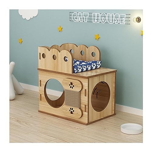 WECLMH Cat House Wood, Indoor Zweischichtig Hölzern Katze Eigentumswohnung Mit Kratzen Gremium, Robust Luxus Sitzstangen Für Kätzchen, Katze Spielen Haus Und Rastplatz (Color : Wood Color, Size : 40 von WECLMH