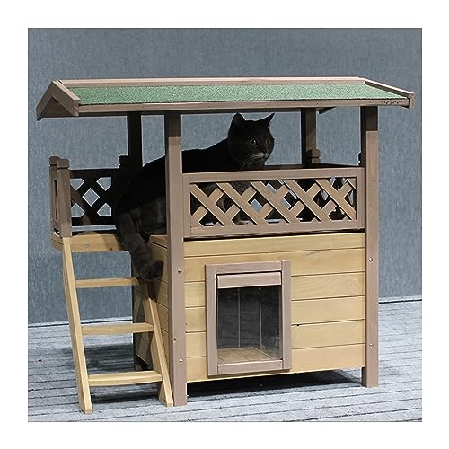 WECLMH Cat House Wood, Katze Eigentumswohnung Mit Treppe, Wasserdicht Dach, Transparent PVC Vorhang Tür, Pet Kabine Mit Balkon, Pet Spielen Haus Und Habitat Draussen (Color : Khaki, Size : 77x50x73 von WECLMH