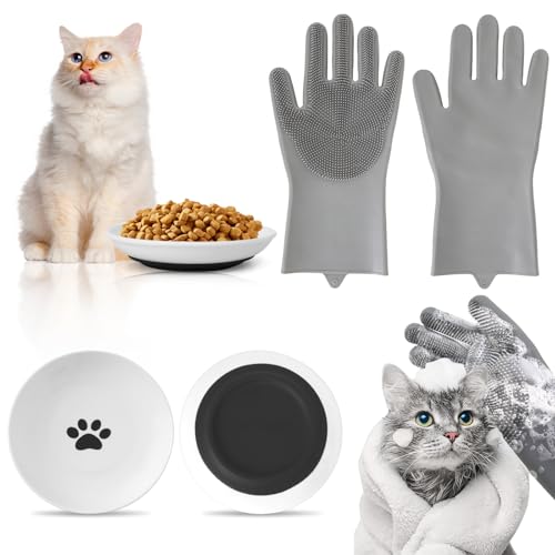 Katzennapf Keramik mit 1 Massagehandschuh,Katzennäpfe mit Rutschfestem Gummiboden, Futternapf Katze Keramik Anti Whisker Fatigue Cat Bowl, Futternapf & Wassernapf für Kätzchen Kleines Haustier Katzennapf Keramik mit 1 Massagehandschuh,Katzennäpfe mit Rutschfestem Gummiboden, Futternapf Katze Keramik Anti Whisker Fatigue Cat Bowl, Futternapf & Wassernapf für Kätzchen Kleines Haustier von WEFINEST