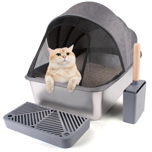Upgrade Edelstahl XL Große, geschlossene Katzentoilette mit geräumigem Innenraum, Premium abgedecktes Design, auslaufsicher, inklusive Schaufel von WEIDLUDOR