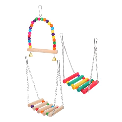 WEKAMOS 3 Stück Bunte Papageien Vogelspielzeug Teiliges Set mit Schaukel Kauspielzeug und Glocken Hängende Holz Klettersitzstangen für Wellensittiche Nymphensittiche Kleine Vögel Fördert von WEKAMOS