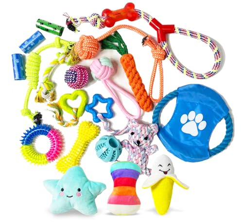 WELATOP Kauspielzeug für Welpen, 20 Stück, Kauspielzeug für Langeweile, Kauspielzeug für Hunde mit Seil, Leckerli-Bälle und quietschendes Spielzeug für Welpen und kleine Hunde von WELATOP