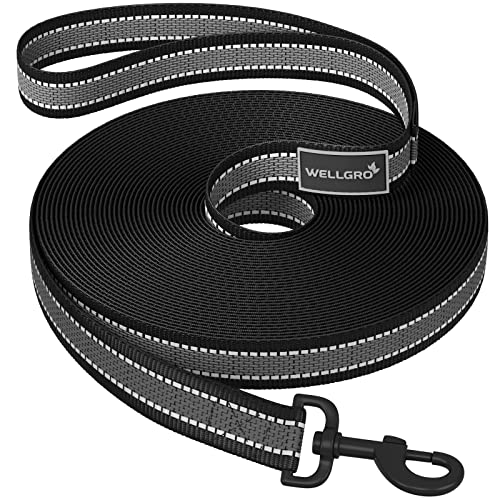 WELLGRO Schleppleine für Hunde mit Handschlaufe 3m / 5m / 10m / 15m / 20m / 25m / 30m Hundeleine robust Nylon Anti-Slip reflektierend Metallkarabiner Trainingsleine, Größen:15 Meter von WELLGRO