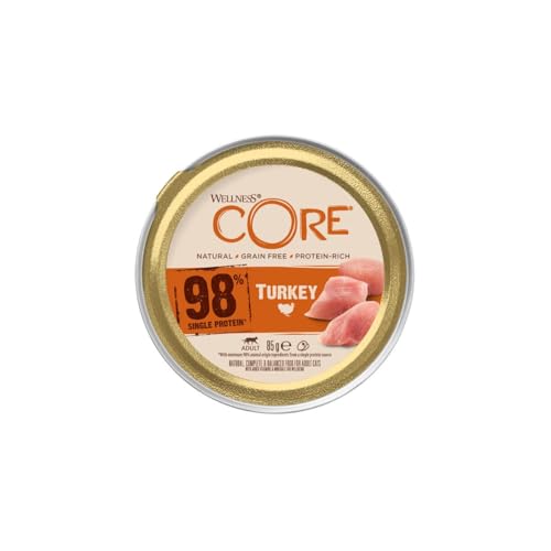 WELLNESS CORE, Nassfutter für Katzen, 98% Putenfleisch, ohne Zusätze, zarte Textur, nährstoffreich, ideal für empfindliche Katzen, 0,085 kg, ideal für alle Rassen von WELLNESS CORE