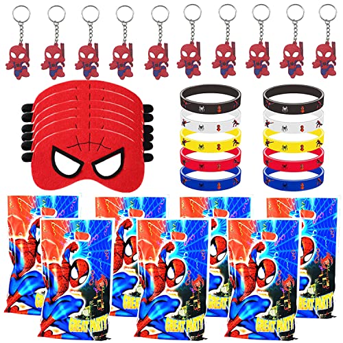 WELLXUNK Spiderman Party Mitgebsel, 10 Spiderman Schlüsselanhänger, 10 Spiderman Geschenktüten, 10 Spiderman Masken, 10 Spiderman Silikon Armband, Geburtstagsgeschenke für Jungen und Mädchen von WELLXUNK