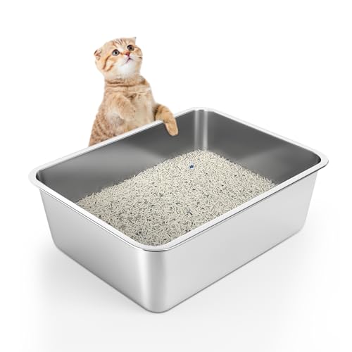 WENBOKMIN Edelstahl-Katzentoilette – große Katzentoilette – leicht zu reinigen, nimmt keine Gerüche, Flecken oder Rost auf – Silber (45 cm L x 34,3 cm B x 15,2 cm H) von WENBOKMIN