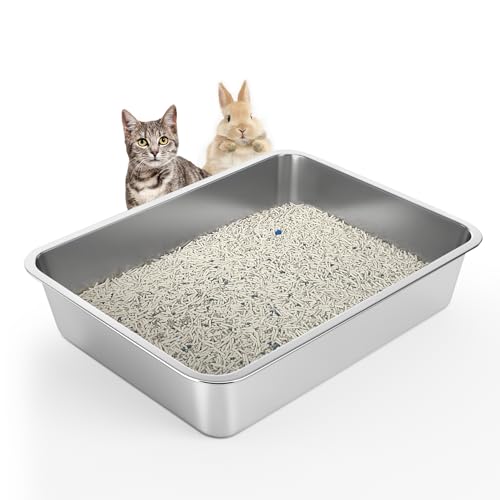 Wanbo Katzentoilette aus Edelstahl, große Katzentoilette für große Katzen, leicht zu reinigen, nimmt keine Gerüche, Flecken oder Rost auf, Silber (45 cm L x 34,3 cm B x 10,2 cm H) von WENBOKMIN
