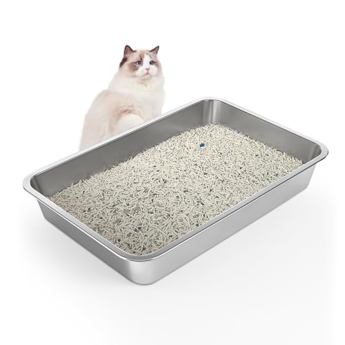WENBOKMIN Katzentoilette aus Edelstahl – große Katzentoilette für große Katzen – leicht zu reinigen, nimmt nie Geruch, Flecken oder Rost auf – Silber (59,7 cm L x 39,4 cm B x 10,2 cm H) von WENBOKMIN