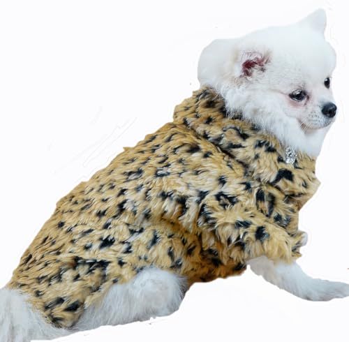 WENFVVIN Warmer Pullover für Hunde, Leopardenmuster, Kunstfell, Knopf-Design, für Chihuahua, Yorkie, Teddy, Größe L von WENFVVIN