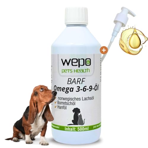 WEPO 3-6-9 Barf Hunde-Öl Premium-Qualität - 100% natürliches Omega 3 6 9 Fell- Haut- Haar- Öl 500ml von WEPO