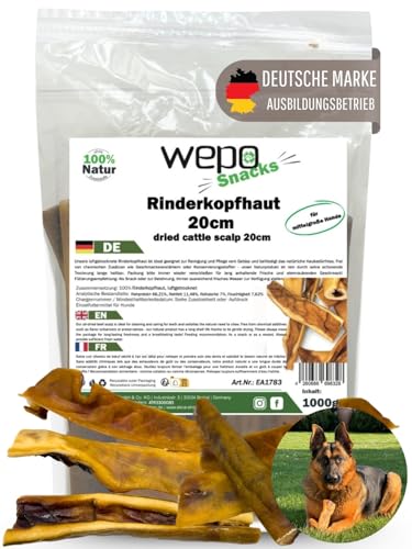 WEPO Rinderkopfhaut für Hunde groß 1kg - Kausnack Hund - getrocknete Rinderkopfhaut 20cm - Dog Snacks & Treats - Natürliche Zahnreinigung, naturbelassen & gesund! (1kg) von WEPO