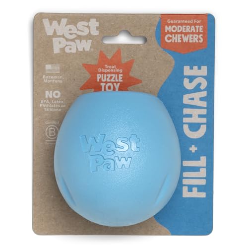 WEST PAW Zogoflex Rumbl Interaktives Hundespielzeug mit langsamer Fütterung, Kauspielzeug für mäßiges Kauspielen, Erholung, Fangen – enthält Kroketten (Aquablau) von WEST PAW