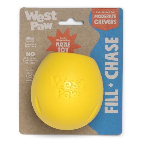 WEST PAW Zogoflex Rumbl Leckerli-Dosierendes Hundespielzeug - Interaktives Slow-Feeder-Kauen - Anreicherungsspielzeug Moderate Kauer, Apportieren, Fangen - Hält Kibble, (Löwenzahngelb, klein) von WEST PAW