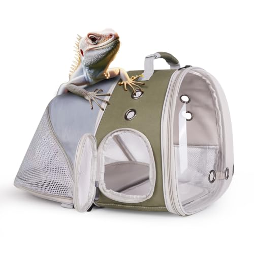 Erweiterbarer Bartagamen-Rucksack mit transparentem Blasenfenster, großer Reisekäfig für Igel, Ratten, Papageien, Kaninchen, Zuckergleiter, Fluggesellschaften zugelassen (Armeegrün, Rückenverlängerung von WEVONIGU