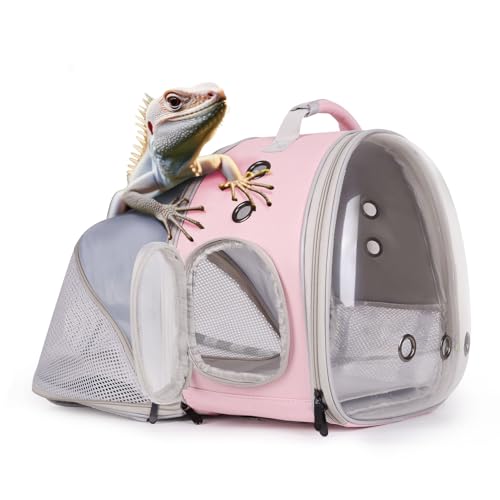 Erweiterbarer Bartagamen-Rucksack mit transparentem Blasenfenster, großer Reisekäfig für Igel, Ratten, Papageien, Kaninchen, Zuckergleiter, Fluggesellschaften zugelassen (Rosa, Rückenverlängerung) von WEVONIGU