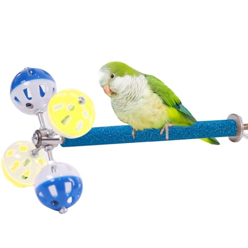 Papageien-Sitzstange mit Glitzer-Finish und Glockenspielzeug, blauer Käfigständer mit gelben und blauen Bällen, Sitzstange mit rotierenden Bällen, geeignet für Wellensittiche, Wellensittiche, Sittiche von WEVONIGU