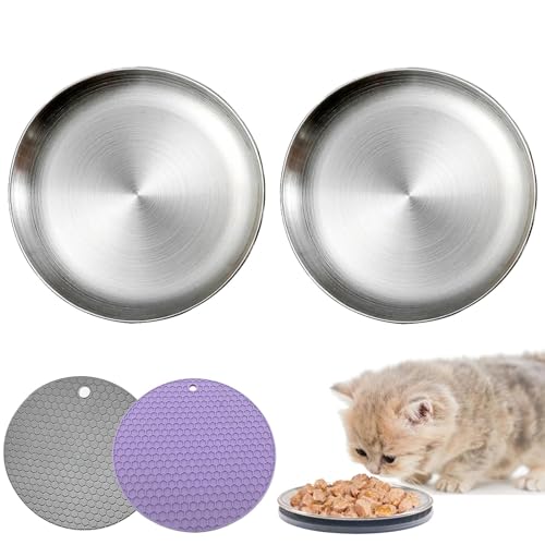 Edelstahl-Katzennapf-Set mit breiter Öffnung, lindert Bartmüdigkeit, 2 Katzenfutterschalen + 2 Pads, Futterteller für den Innenbereich, Nass- und Trockenfutter (16 cm - 2) von WEWAYKGJ