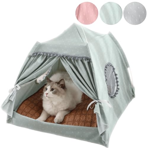 Niedliches Katzen-Zelt dekorative tragbare Katzen-Höhlen-Bett im Freien/Indoor-Portable für Indoor-Katzen und kleine Hunde mit weicher Cooler Matte außerhalb des Sommer-Katzen hauses-Green von WEedsy