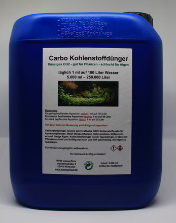 5 Liter Kanister Carbo Kohlenstoffdünger für 250.000 Liter Wasser, flüssiges CO2 - gut für Pflanzen - schlecht für Algen von WFW wasserflora